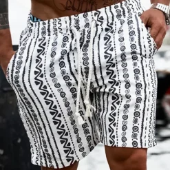 OUKU Men's Graphic Geometric Pattern Shorts Summer Shorts Beach Shorts Mid Waist Streetwear Hawaiian Designer Casual Daily Holiday Elastic Waist 3D Print Drawstring Designer Clothing Apparel White