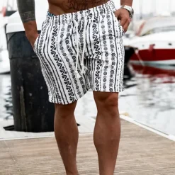 OUKU Men's Graphic Geometric Pattern Shorts Summer Shorts Beach Shorts Mid Waist Streetwear Hawaiian Designer Casual Daily Holiday Elastic Waist 3D Print Drawstring Designer Clothing Apparel White