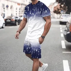 OUKU Men's Graphic Gradient 2pcs Tees sets Tee Set Short Sleeve Short Pants Crew Neck Fashion Lightweight Basic Street Daily Sports Print Summer Spring Navy Blue Green Dark Gray