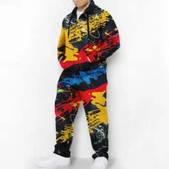 Outlet OUKU Men's Graphic Graffiti 2pcs 3D Sweatshirt Sets Tracksuit Zip Up Hoodies Long Sleeve Long pants Hooded Fashion Designer Casual Daily Sports Going out 3D Print Spring & Fall Yellow Blue Orange
