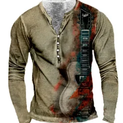 Outlet OUKU Men's Graphic Guitar T shirt Henley Shirt Tee Long Sleeve 3D Print Designer Basic Classic Outdoor Daily Sports Spring & Fall Yellow Red Blue Purple Khaki Henley Henley T-Shirt