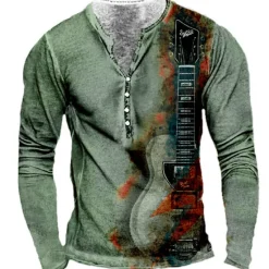 Outlet OUKU Men's Graphic Guitar T shirt Henley Shirt Tee Long Sleeve 3D Print Designer Basic Classic Outdoor Daily Sports Spring & Fall Yellow Red Blue Purple Khaki Henley Henley T-Shirt