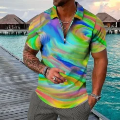 Hot OUKU Men's Graphic Hawaiian Polo Shirts Golf Shirt Short Sleeve Polo Shirts Collared Shirts Casual Beach Wear Vacation Wear Party Outfits 3D Print Quarter Zip Polo Blue Purple Green