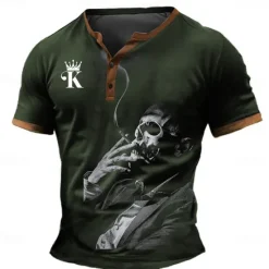 Online OUKU Men's Graphic Henley Shirt Short Sleeve 3D Print Fashion Designer Comfortable Daily Summer Black Blue Green Henley Henley T-Shirt