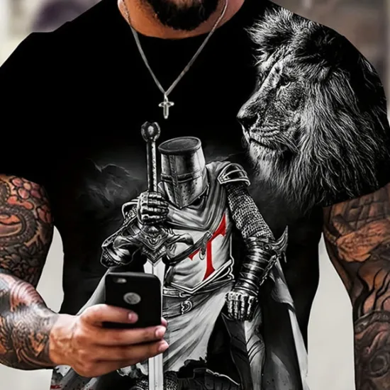 New OUKU Men's Graphic Knights Templar T Shirt Christian T Shirts Short Sleeve T shirt 3D Print Crew Neck Shirt Vintage Fashion Designer Outdoor Daily Sports Black Spring & Summer Clothing Black And White