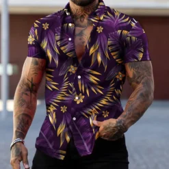 Best OUKU Men's Graphic Leaves Tropical Plants Shirt Summer Hawaiian Shirt Aloha Shirt Short Sleeve Shirt Turndown Fashion Designer Casual Street Daily Holiday Red green Black Black / Purple 3D Print S M L