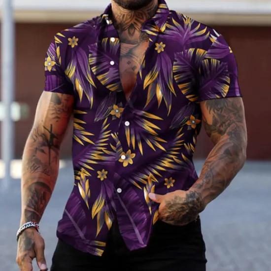 Best OUKU Men's Graphic Leaves Tropical Plants Shirt Summer Hawaiian Shirt Aloha Shirt Short Sleeve Shirt Turndown Fashion Designer Casual Street Daily Holiday Red green Black Black / Purple 3D Print S M L