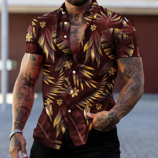 Best OUKU Men's Graphic Leaves Tropical Plants Shirt Summer Hawaiian Shirt Aloha Shirt Short Sleeve Shirt Turndown Fashion Designer Casual Street Daily Holiday Red green Black Black / Purple 3D Print S M L