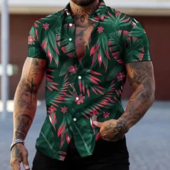 Best OUKU Men's Graphic Leaves Tropical Plants Shirt Summer Hawaiian Shirt Aloha Shirt Short Sleeve Shirt Turndown Fashion Designer Casual Street Daily Holiday Red green Black Black / Purple 3D Print S M L