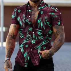 Best OUKU Men's Graphic Leaves Tropical Plants Shirt Summer Hawaiian Shirt Aloha Shirt Short Sleeve Shirt Turndown Fashion Designer Casual Street Daily Holiday Red green Black Black / Purple 3D Print S M L