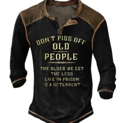 Outlet OUKU Men's Graphic Letter Don't Piss Off Old People Henley Shirt Tee Long Sleeve 3D Print Vintage Fashion Designer Outdoor Casual Daily Spring & Fall Black Blue Brown Green Gray Henley Henley T-Shirt