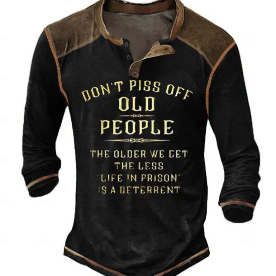 Outlet OUKU Men's Graphic Letter Don't Piss Off Old People Henley Shirt Tee Long Sleeve 3D Print Vintage Fashion Designer Outdoor Casual Daily Spring & Fall Black Blue Brown Green Gray Henley Henley T-Shirt