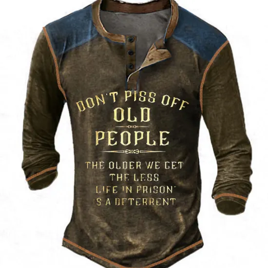 Outlet OUKU Men's Graphic Letter Don't Piss Off Old People Henley Shirt Tee Long Sleeve 3D Print Vintage Fashion Designer Outdoor Casual Daily Spring & Fall Black Blue Brown Green Gray Henley Henley T-Shirt