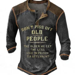 Outlet OUKU Men's Graphic Letter Don't Piss Off Old People Henley Shirt Tee Long Sleeve 3D Print Vintage Fashion Designer Outdoor Casual Daily Spring & Fall Black Blue Brown Green Gray Henley Henley T-Shirt