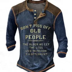 Outlet OUKU Men's Graphic Letter Don't Piss Off Old People Henley Shirt Tee Long Sleeve 3D Print Vintage Fashion Designer Outdoor Casual Daily Spring & Fall Black Blue Brown Green Gray Henley Henley T-Shirt
