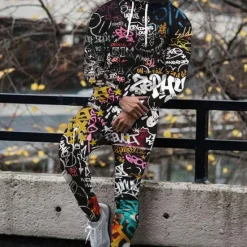 OUKU Men's Graphic Letter Graffiti 2pcs 3D Sweatshirt Sets Hoodie Tracksuit Long Sleeve Long pants Hooded Fashion Streetwear Casual Daily Sports Going out 3D Print Spring & Fall Yellow Blue Green