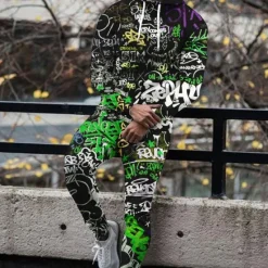 OUKU Men's Graphic Letter Graffiti 2pcs 3D Sweatshirt Sets Hoodie Tracksuit Long Sleeve Long pants Hooded Fashion Streetwear Casual Daily Sports Going out 3D Print Spring & Fall Yellow Blue Green