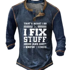 Discount OUKU Men's Graphic Letter I Fix Stuff and I Know Things Henley Shirt Tee Long Sleeve 3D Print Vintage Fashion Designer Outdoor Casual Daily Spring & Fall Black Green Dark Blue Coffee Henley Henley T-Shirt