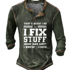 Discount OUKU Men's Graphic Letter I Fix Stuff and I Know Things Henley Shirt Tee Long Sleeve 3D Print Vintage Fashion Designer Outdoor Casual Daily Spring & Fall Black Green Dark Blue Coffee Henley Henley T-Shirt