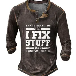 Discount OUKU Men's Graphic Letter I Fix Stuff and I Know Things Henley Shirt Tee Long Sleeve 3D Print Vintage Fashion Designer Outdoor Casual Daily Spring & Fall Black Green Dark Blue Coffee Henley Henley T-Shirt