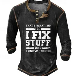 Discount OUKU Men's Graphic Letter I Fix Stuff and I Know Things Henley Shirt Tee Long Sleeve 3D Print Vintage Fashion Designer Outdoor Casual Daily Spring & Fall Black Green Dark Blue Coffee Henley Henley T-Shirt