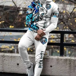 Outlet OUKU Men's Graphic Lion Animal Patterned 2pcs 3D Sweatshirt Sets Tracksuit Hoodies Long Sleeve Long pants Hooded Streetwear Sportswear Basic Sports & Outdoor Casual Sports Print Spring Fall Black White