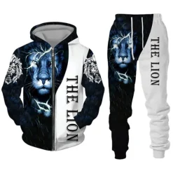 Clearance OUKU Men's Graphic Lion 2pcs 3D Sweatshirt Sets Hoodie Tracksuit Long Sleeve Long pants Hooded Streetwear Designer Basic Sports & Outdoor Casual Sports Zipper Spring Fall Black White Purple