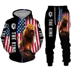 Clearance OUKU Men's Graphic Lion 2pcs 3D Sweatshirt Sets Hoodie Tracksuit Long Sleeve Long pants Hooded Streetwear Designer Basic Sports & Outdoor Casual Sports Zipper Spring Fall Black White Purple