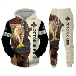 Best OUKU Men's Graphic Lion 2pcs 3D Sweatshirt Sets Hoodie Tracksuit Long Sleeve Long pants Hooded Streetwear Basic Casual Sports & Outdoor Casual Sports Zipper Print Spring Fall Wine Red Black Yellow
