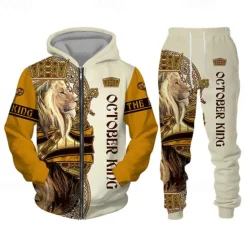 Best OUKU Men's Graphic Lion 2pcs 3D Sweatshirt Sets Hoodie Tracksuit Long Sleeve Long pants Hooded Streetwear Basic Casual Sports & Outdoor Casual Sports Zipper Print Spring Fall Wine Red Black Yellow
