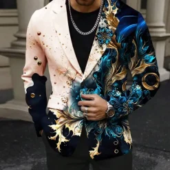 Hot OUKU Men's Graphic Long Sleeve Turndown Party Evening Wear Daily Buttons 3D Print Multi Pocket Blue