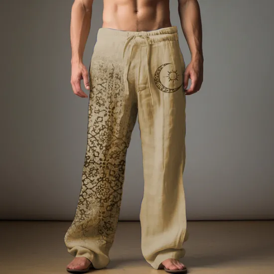 New OUKU Men's Graphic Moon Linen Pants Pants Trousers Baggy Pants Mid Waist Casual Vacation Daily Wear Going out Spring Fall Black Light Brown Blue