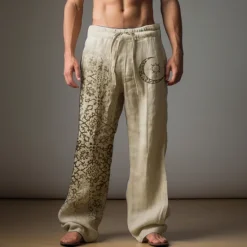 New OUKU Men's Graphic Moon Linen Pants Pants Trousers Baggy Pants Mid Waist Casual Vacation Daily Wear Going out Spring Fall Black Light Brown Blue