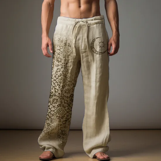 New OUKU Men's Graphic Moon Linen Pants Pants Trousers Baggy Pants Mid Waist Casual Vacation Daily Wear Going out Spring Fall Black Light Brown Blue