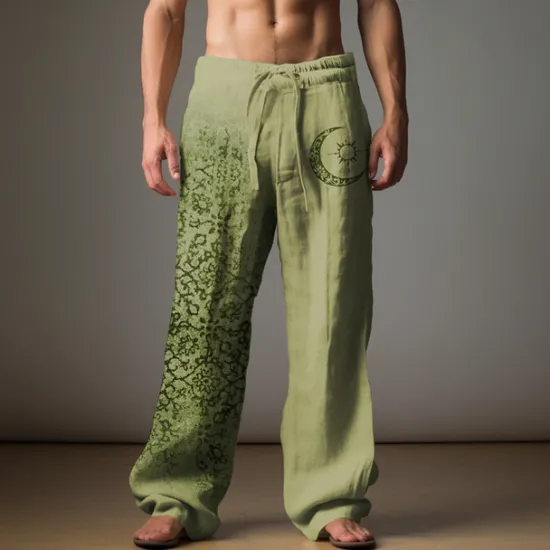 New OUKU Men's Graphic Moon Linen Pants Pants Trousers Baggy Pants Mid Waist Casual Vacation Daily Wear Going out Spring Fall Black Light Brown Blue