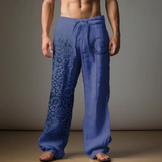 New OUKU Men's Graphic Moon Linen Pants Pants Trousers Baggy Pants Mid Waist Casual Vacation Daily Wear Going out Spring Fall Black Light Brown Blue