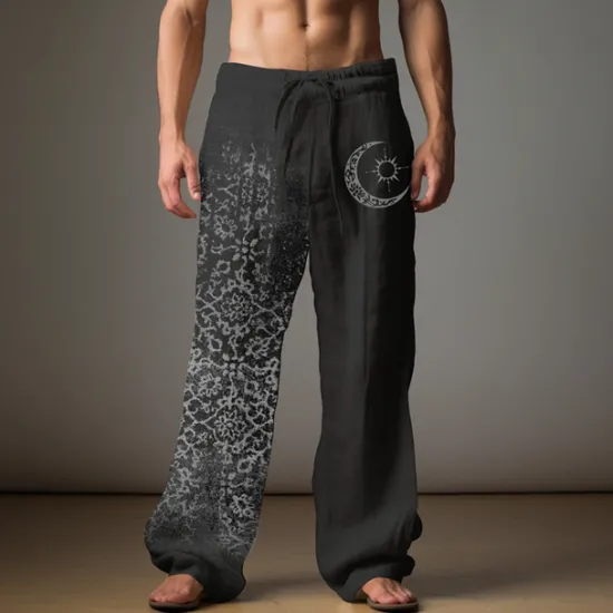 New OUKU Men's Graphic Moon Linen Pants Pants Trousers Baggy Pants Mid Waist Casual Vacation Daily Wear Going out Spring Fall Black Light Brown Blue