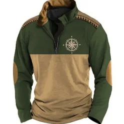 Hot OUKU Men's Graphic Nautical Compass Sweatshirts Sweatshirt Zip Sweatshirt Long Sleeve Sweatshirt Quarter Zip Sports Casual Vintage Retro 3D Print Vacation Sports Outdoor Holiday Print Spring & Fall