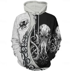 Online OUKU Men's Graphic Octopus Hoodie Hoodies Sweatshirt Fashion Daily Long Sleeve Hooded Vacation Streetwear Printing Fleece Winter Spring & Fall Designer Black Grey