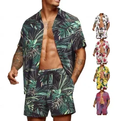 Outlet OUKU Men's Graphic Palm Leaf Tropical Plants 2pcs Shirts Sets Summer Hawaiian Shirt Short Sleeve Short Pants Turndown Designer Beach Vacation Casual Daily 3D Summer Silver Red / White Green / Black