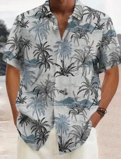 Online OUKU Men's Graphic Palm Tree Palm Leaf Summer Hawaiian Shirt Aloha Shirt Short Sleeve Shirt Turndown Hawaiian Outdoor clothing Daily Wear Weekend Blue Gray S M L