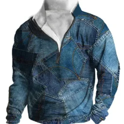Hot OUKU Men's Graphic Patchwork Denim Sweatshirts Sweatshirt Zip Sweatshirt Long Sleeve Sweatshirt Quarter Zip Daily Basic Casual 3D Print Vacation Holiday Going out Print Fleece Fall & Winter