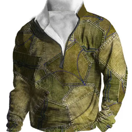 Hot OUKU Men's Graphic Patchwork Denim Sweatshirts Sweatshirt Zip Sweatshirt Long Sleeve Sweatshirt Quarter Zip Daily Basic Casual 3D Print Vacation Holiday Going out Print Fleece Fall & Winter