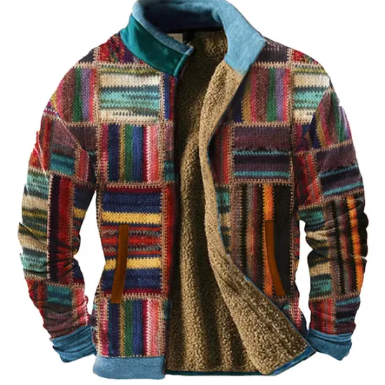 Hot OUKU Men's Graphic Patchwork Sweatshirts Zip Sweatshirt Fleece Jacket Outerwear Long Sleeve Sweatshirt Stand Collar Daily Casual Vintage Retro Vacation Holiday Going out Fleece Winter