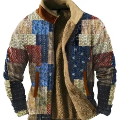 Clearance OUKU Men's Graphic Patchwork Sweatshirts Zip Sweatshirt Fleece Jacket Outerwear Long Sleeve Sweatshirt Stand Collar Daily Casual Vintage Retro Vacation Holiday Going out Fleece Winter Brown