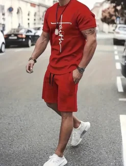 Outlet OUKU Men's Graphic 2pcs Tees sets Summer Tops Short Sleeve Short Pants Crew Neck Sport Casual Casual Going out Streetwear 3D Print Summer Grey Black Red