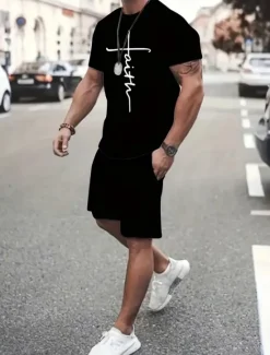 Outlet OUKU Men's Graphic 2pcs Tees sets Summer Tops Short Sleeve Short Pants Crew Neck Sport Casual Casual Going out Streetwear 3D Print Summer Grey Black Red