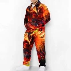 Online OUKU Men's Graphic Phoenix 2pcs 3D Sweatshirt Sets Hoodie Tracksuit Plus Size Set Long Sleeve Long pants Hooded Fashion Designer Casual Daily Sports Going out 3D Print Spring & Fall Blue Orange Green
