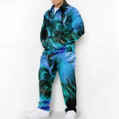Online OUKU Men's Graphic Phoenix 2pcs 3D Sweatshirt Sets Hoodie Tracksuit Plus Size Set Long Sleeve Long pants Hooded Fashion Designer Casual Daily Sports Going out 3D Print Spring & Fall Blue Orange Green
