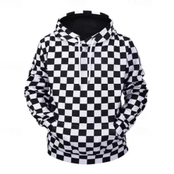 OUKU Men's Graphic Plaid Checkered Check Hoodie Hoodies Sweatshirt Casual Big and Tall Long Sleeve Hooded Daily Sports Streetwear Print Summer Spring Designer Black And White